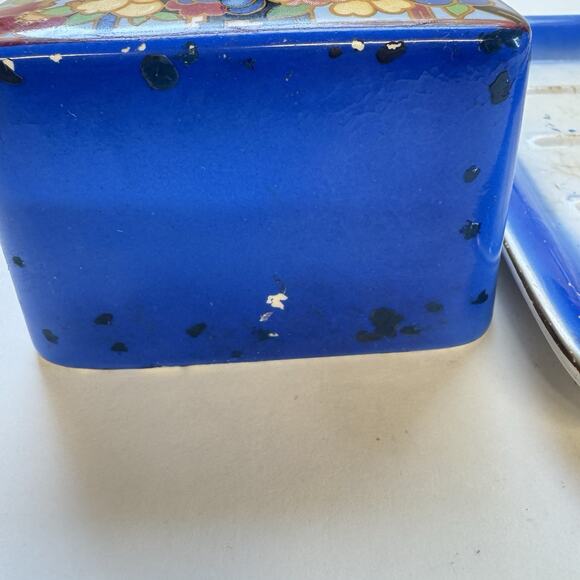 Vintage Art Deco Scotch Ivory Cheese Butter Dish Antique Tableware Blue Floral - Picture 6 of 10